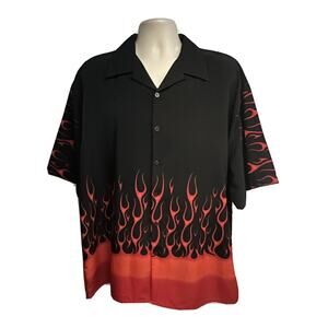 Moon Retro Rockabilly Black Red Graphic Flames Vintage Mens Button Up Shirt XL